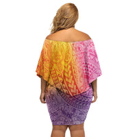 Hawaiian Turtles and Leis Off Shoulder Short Dress Tribal Kakau Pattern Magical Rainbow Sky