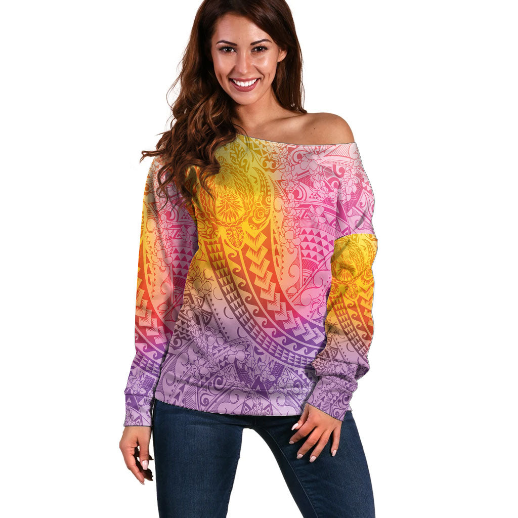 Hawaiian Turtles and Leis Off Shoulder Sweater Tribal Kakau Pattern Magical Rainbow Sky