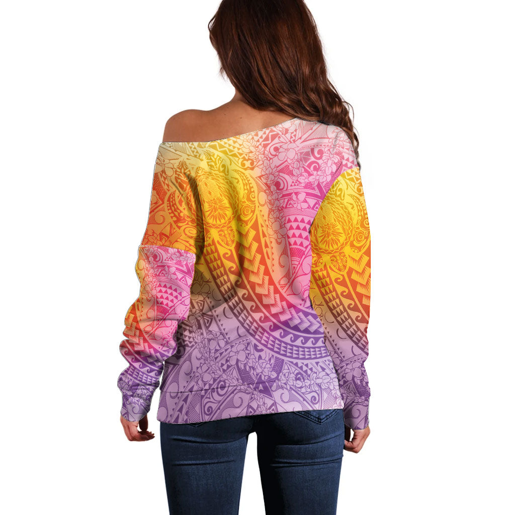 Hawaiian Turtles and Leis Off Shoulder Sweater Tribal Kakau Pattern Magical Rainbow Sky