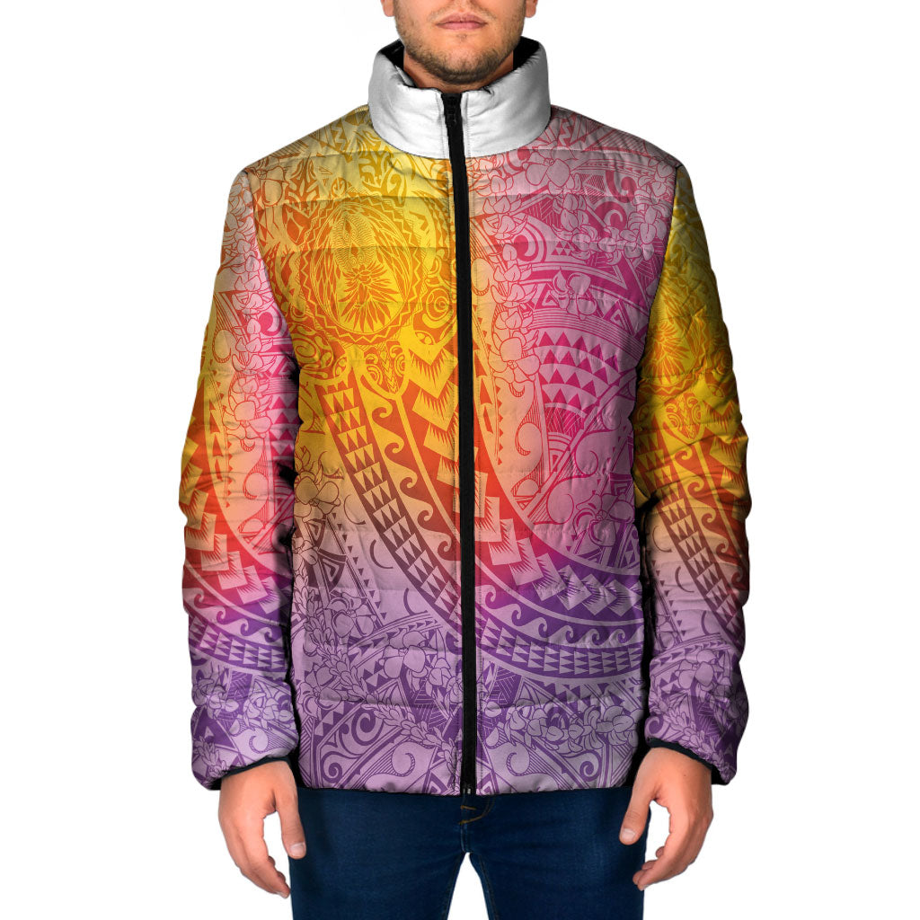 Hawaiian Turtles and Leis Padded Jacket Tribal Kakau Pattern Magical Rainbow Sky