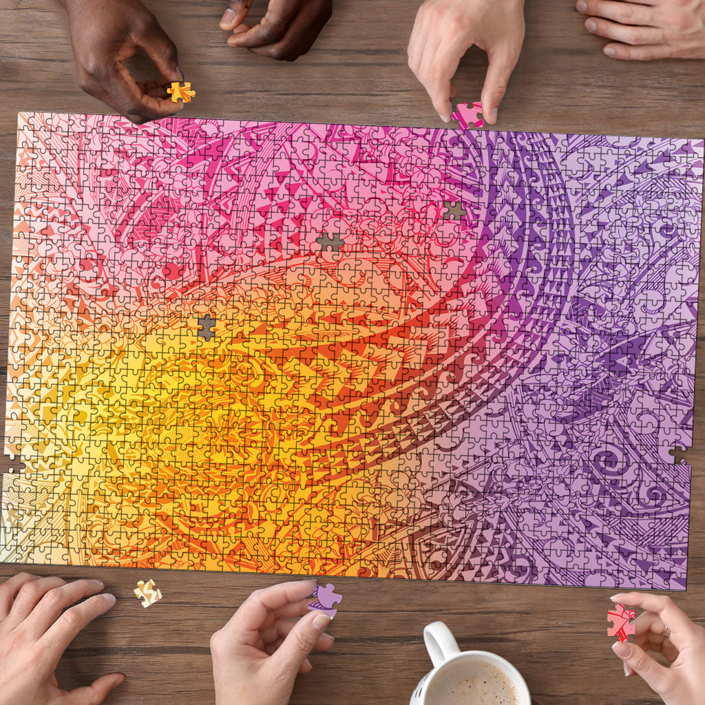 Hawaiian Turtles and Leis Puzzle Tribal Kakau Pattern Magical Rainbow Sky