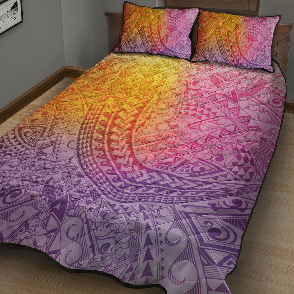 Hawaiian Turtles and Leis Quilt Bed Set Tribal Kakau Pattern Magical Rainbow Sky