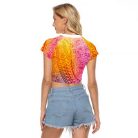Hawaiian Turtles and Leis Raglan Cropped T Shirt Tribal Kakau Pattern Magical Rainbow Sky