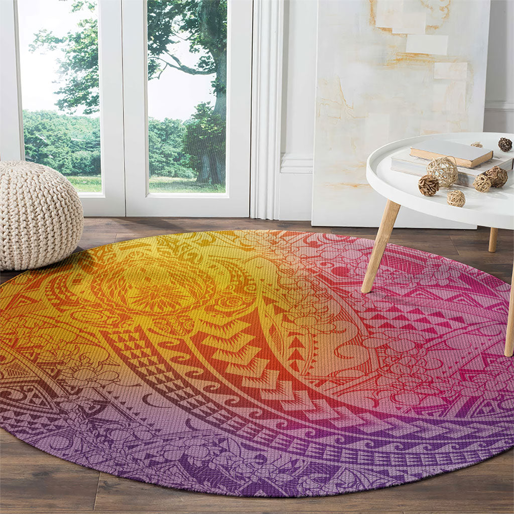 Hawaiian Turtles and Leis Round Carpet Tribal Kakau Pattern Magical Rainbow Sky