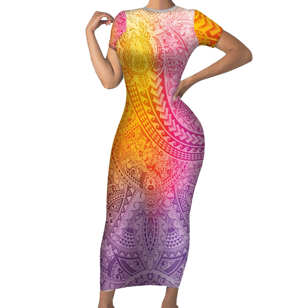 Hawaiian Turtles and Leis Short Sleeve Bodycon Dress Tribal Kakau Pattern Magical Rainbow Sky