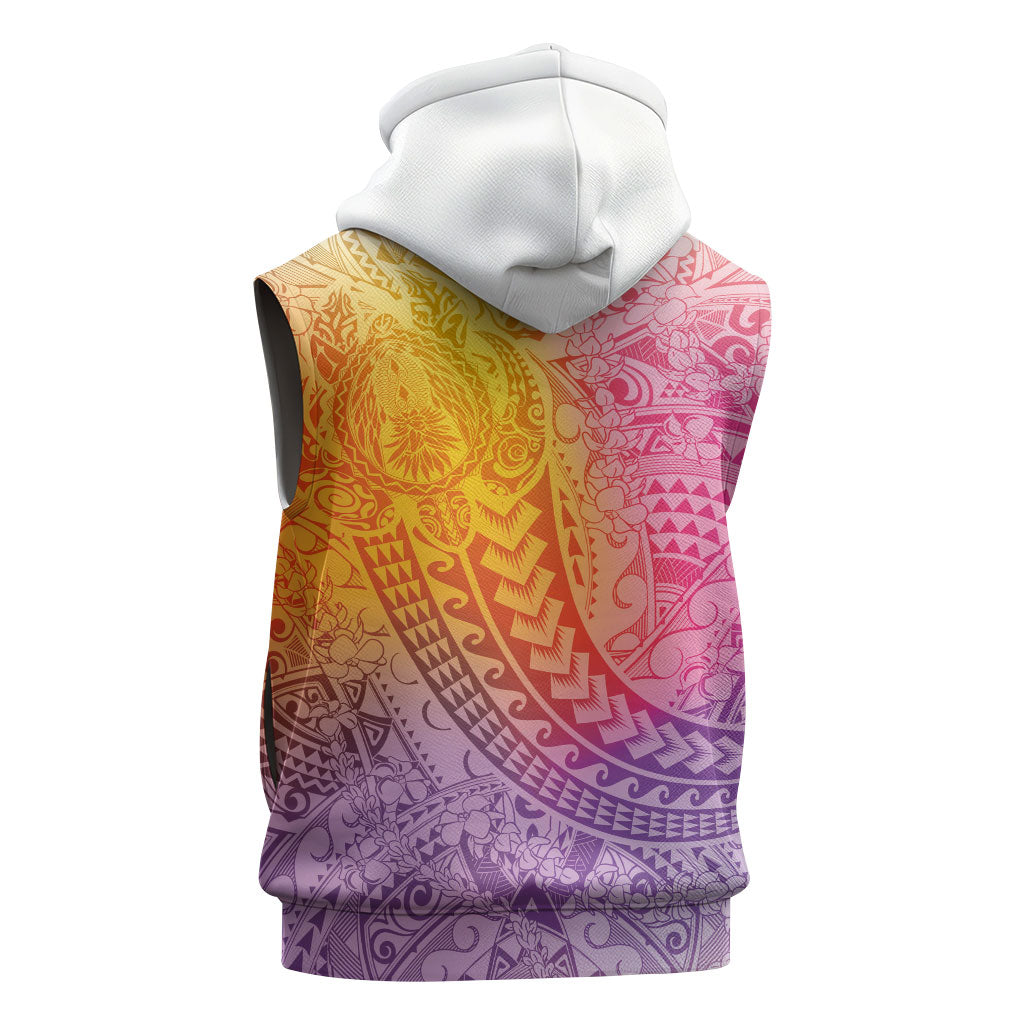 Hawaiian Turtles and Leis Sleeveless Hoodie Tribal Kakau Pattern Magical Rainbow Sky