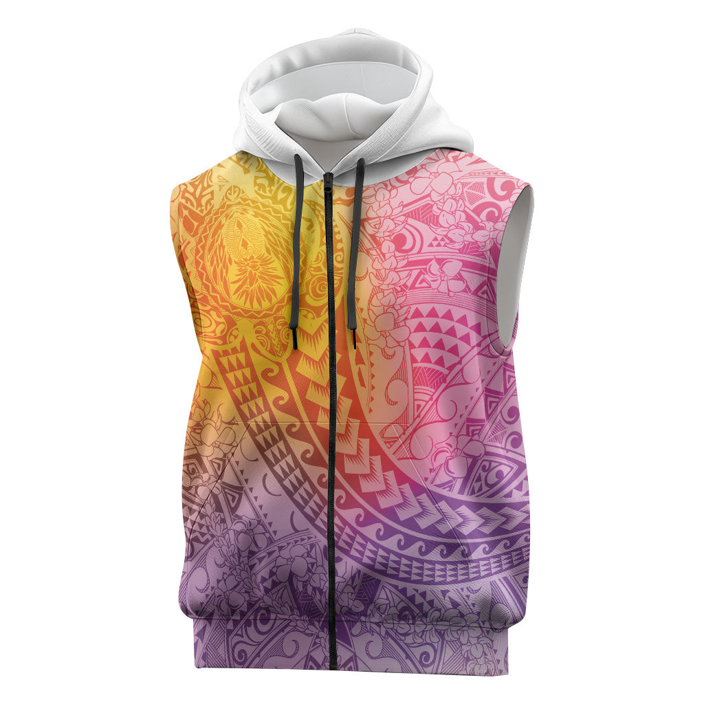 Hawaiian Turtles and Leis Sleeveless Zip Hoodie Tribal Kakau Pattern Magical Rainbow Sky