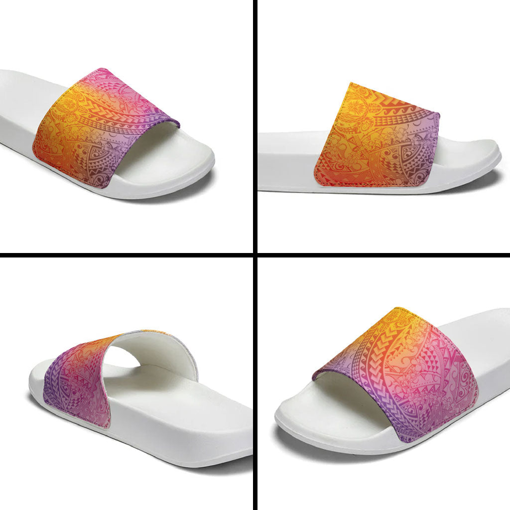 Hawaiian Turtles and Leis Slide Sandals Tribal Kakau Pattern Magical Rainbow Sky