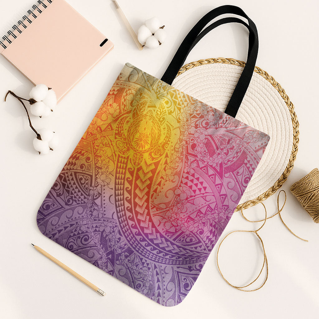 Hawaiian Turtles and Leis Tote Bag Tribal Kakau Pattern Magical Rainbow Sky