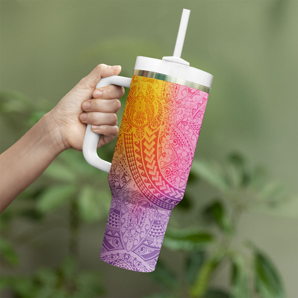 Hawaiian Turtles and Leis Tumbler With Handle Tribal Kakau Pattern Magical Rainbow Sky