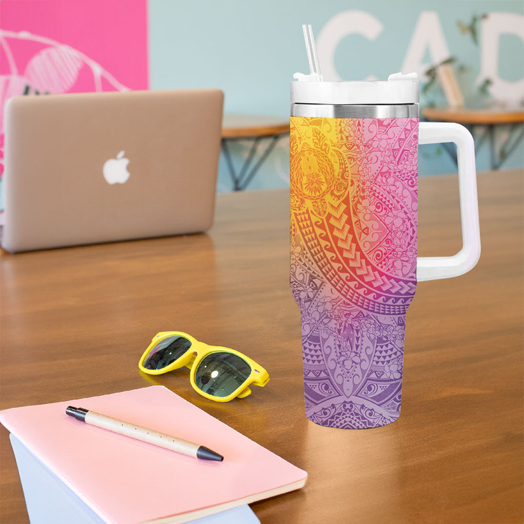 Hawaiian Turtles and Leis Tumbler With Handle Tribal Kakau Pattern Magical Rainbow Sky