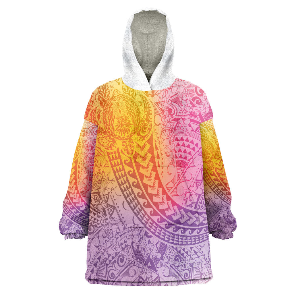 Hawaiian Turtles and Leis Wearable Blanket Hoodie Tribal Kakau Pattern Magical Rainbow Sky