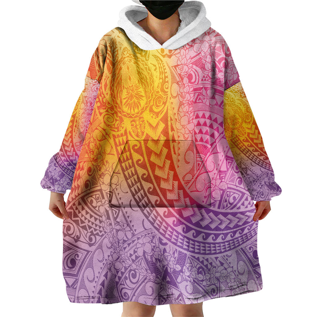 Hawaiian Turtles and Leis Wearable Blanket Hoodie Tribal Kakau Pattern Magical Rainbow Sky