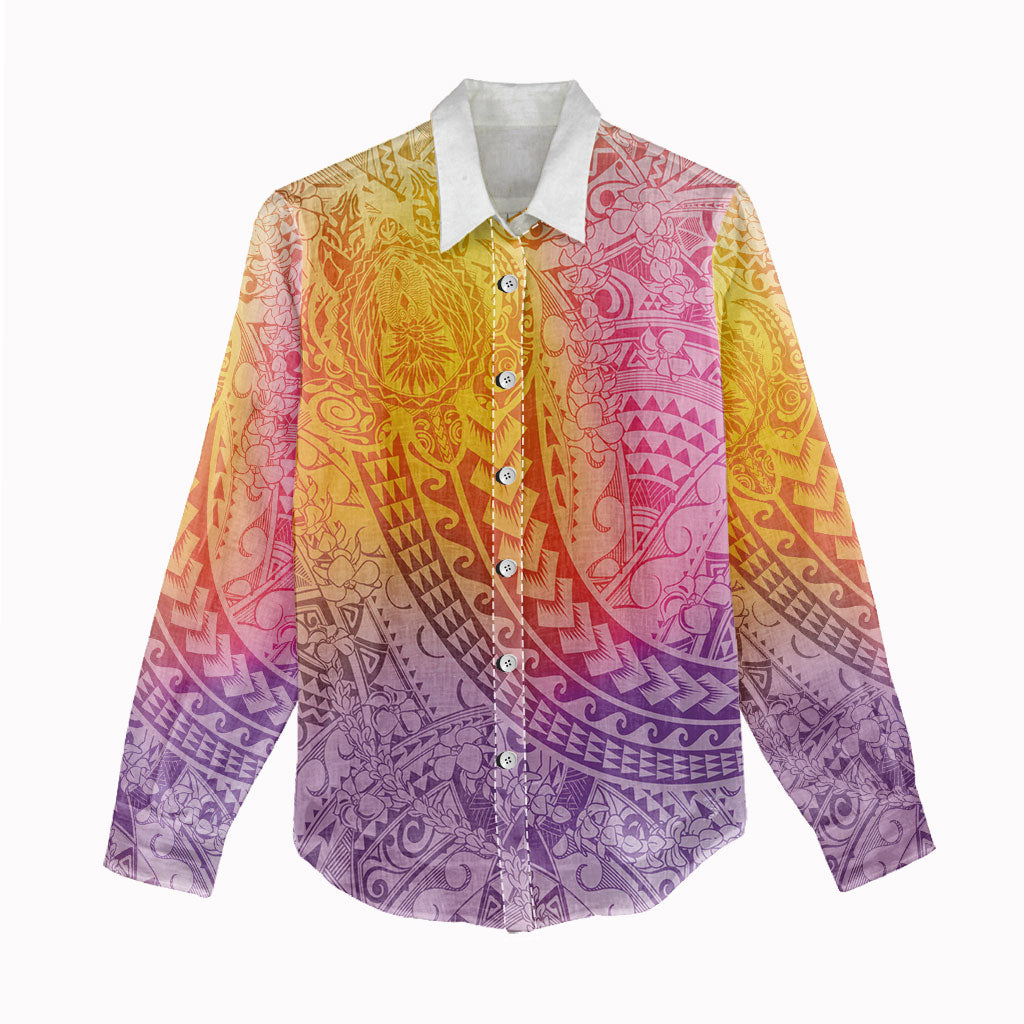 Hawaiian Turtles and Leis Women Casual Shirt Tribal Kakau Pattern Magical Rainbow Sky
