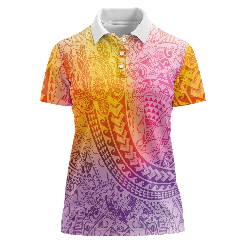 Hawaiian Turtles and Leis Women Polo Shirt Tribal Kakau Pattern Magical Rainbow Sky