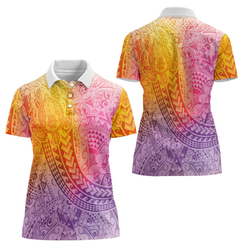 Hawaiian Turtles and Leis Women Polo Shirt Tribal Kakau Pattern Magical Rainbow Sky