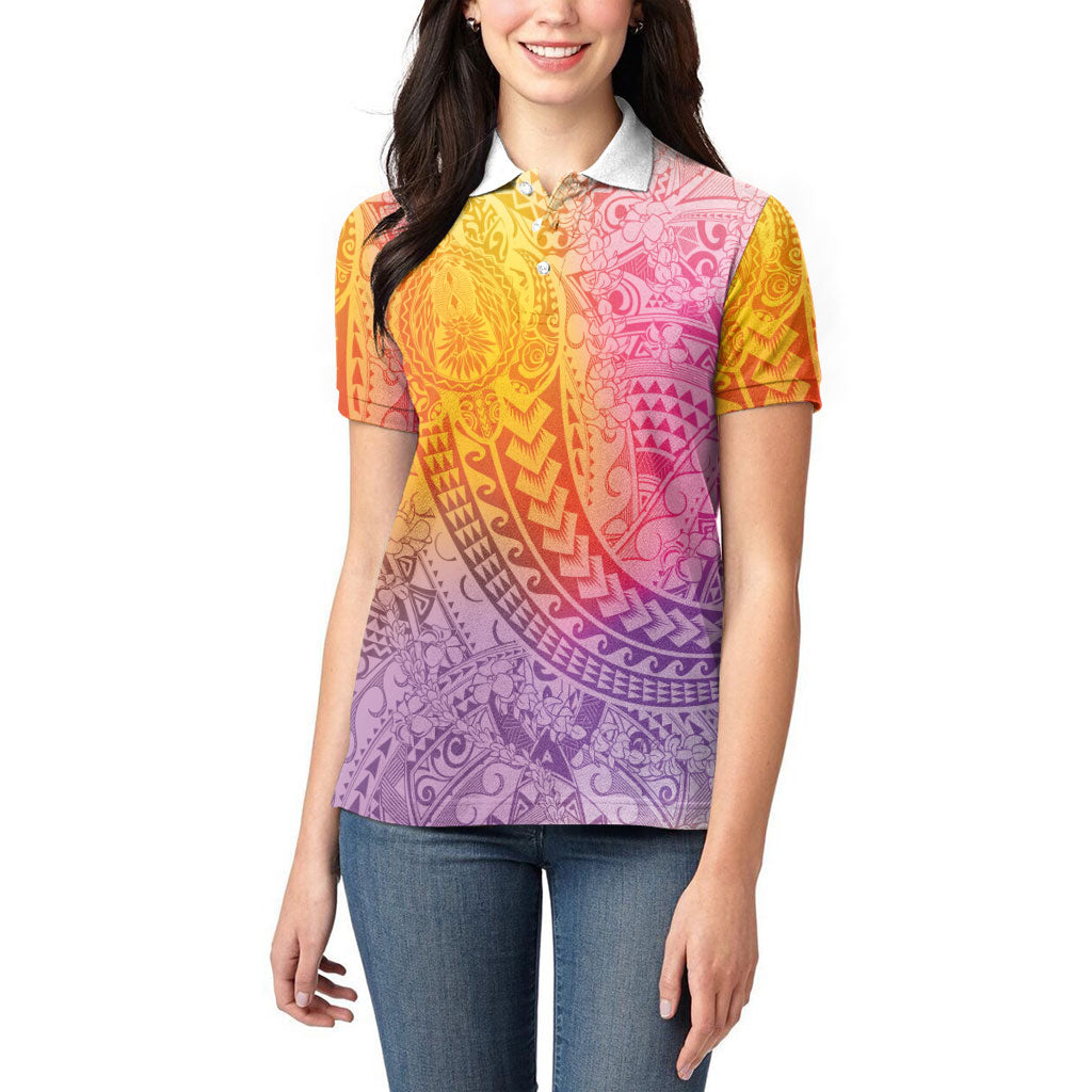Hawaiian Turtles and Leis Women Polo Shirt Tribal Kakau Pattern Magical Rainbow Sky