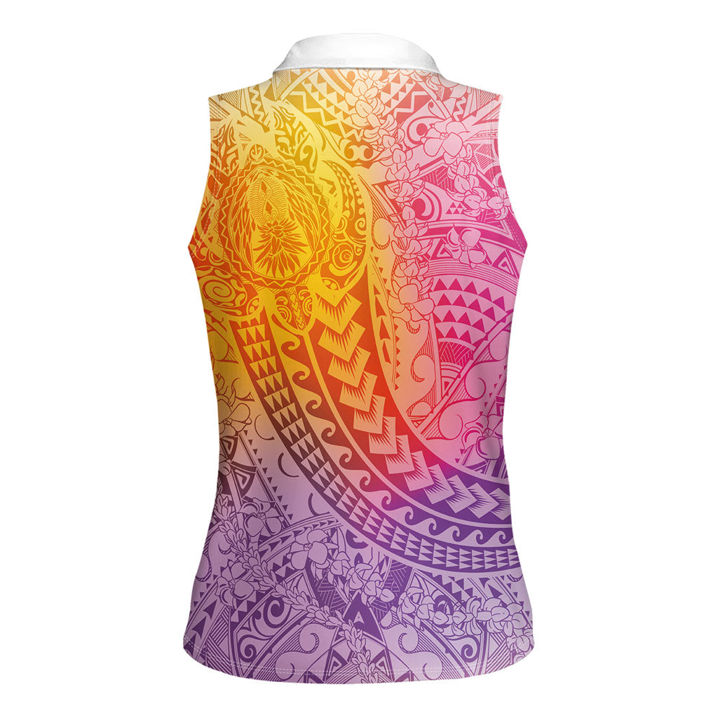 Hawaiian Turtles and Leis Women Sleeveless Polo Shirt Tribal Kakau Pattern Magical Rainbow Sky