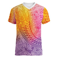 Hawaiian Turtles and Leis Women V-Neck T-Shirt Tribal Kakau Pattern Magical Rainbow Sky