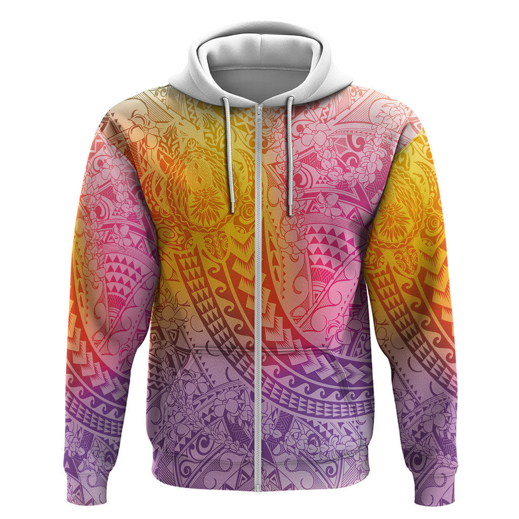 Hawaiian Turtles and Leis Zip Hoodie Tribal Kakau Pattern Magical Rainbow Sky
