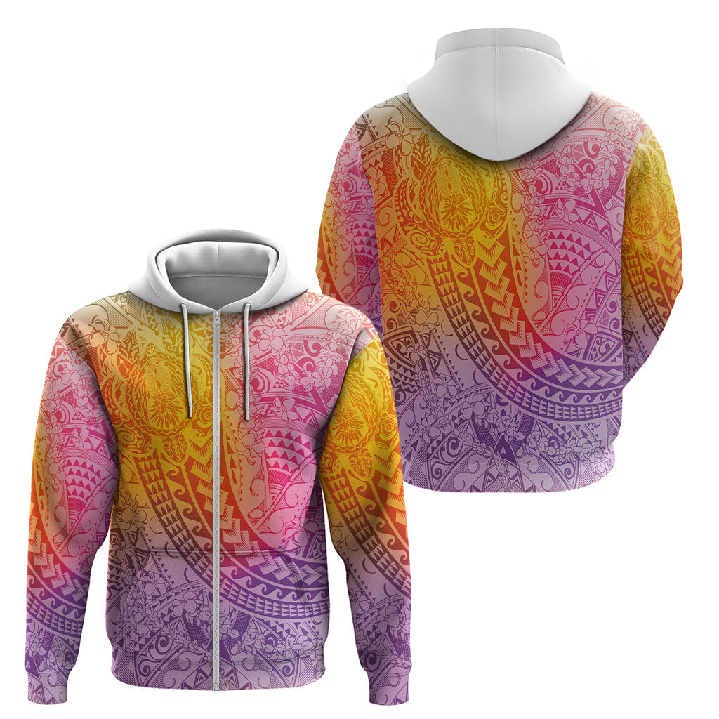 Hawaiian Turtles and Leis Zip Hoodie Tribal Kakau Pattern Magical Rainbow Sky