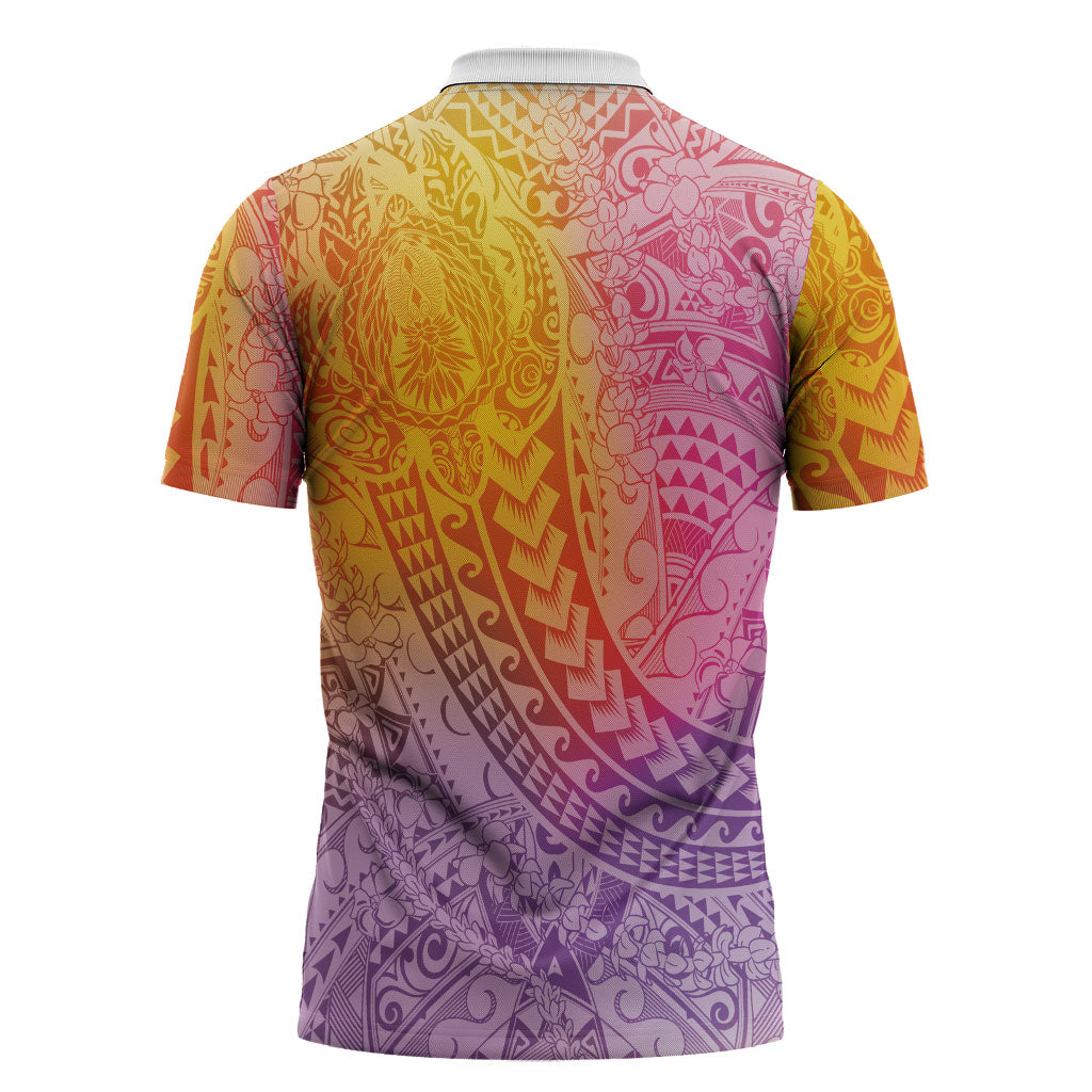 Hawaiian Turtles and Leis Zipper Polo Shirt Tribal Kakau Pattern Magical Rainbow Sky