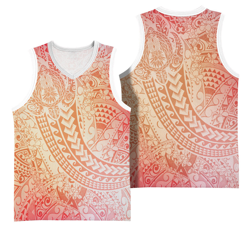 Hawaiian Turtles and Leis Basketball Jersey Tribal Kakau Pattern Peach Fuzz Color