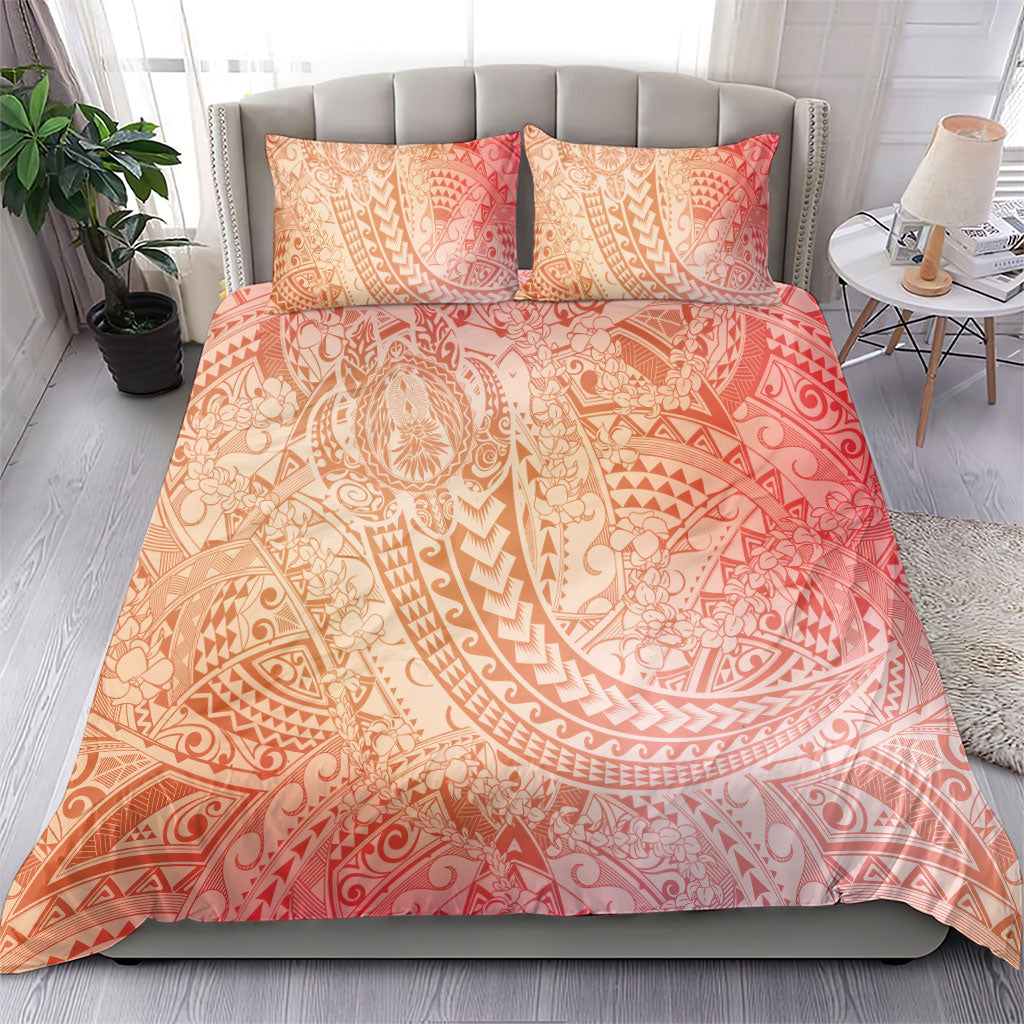 Hawaiian Turtles and Leis Bedding Set Tribal Kakau Pattern Peach Fuzz Color