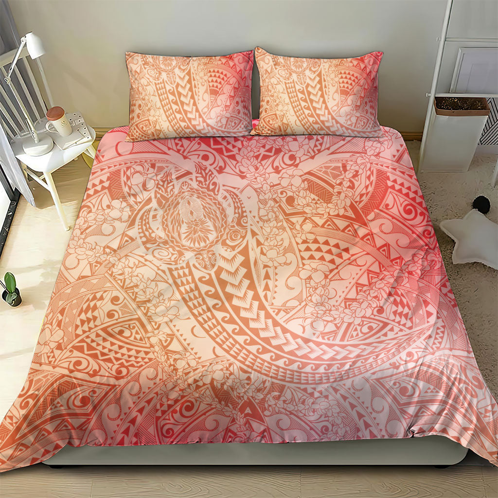 Hawaiian Turtles and Leis Bedding Set Tribal Kakau Pattern Peach Fuzz Color