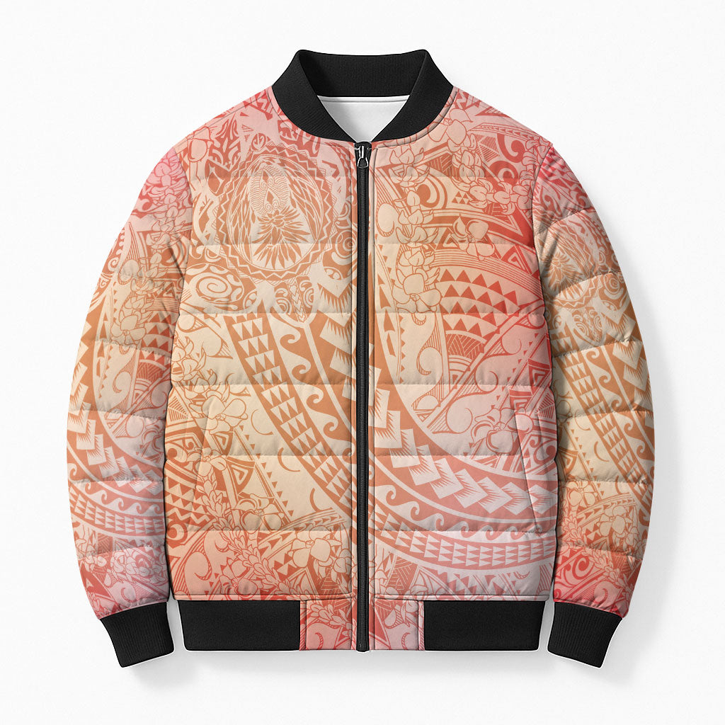 Hawaiian Turtles and Leis Bomber Puffer Jacket Tribal Kakau Pattern Peach Fuzz Color