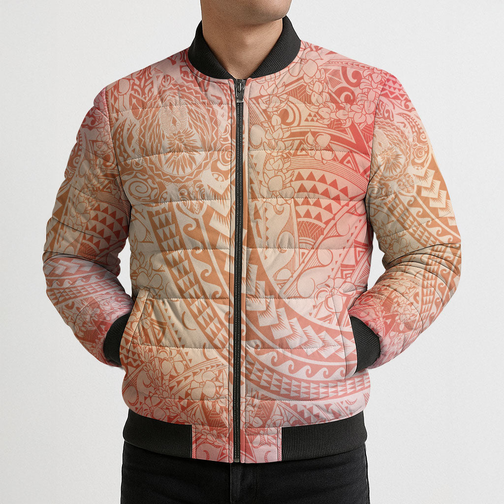 Hawaiian Turtles and Leis Bomber Puffer Jacket Tribal Kakau Pattern Peach Fuzz Color