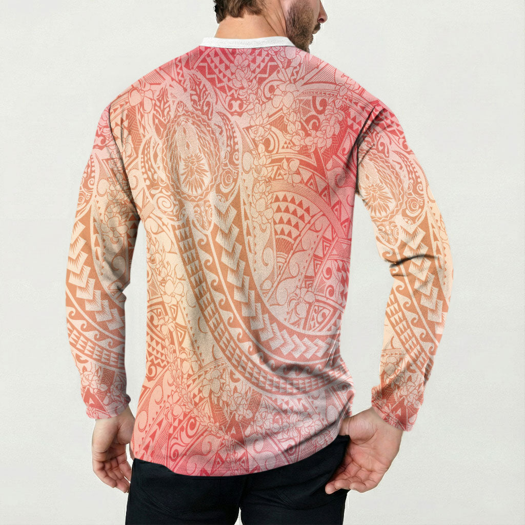 Hawaiian Turtles and Leis Button Sweatshirt Tribal Kakau Pattern Peach Fuzz Color
