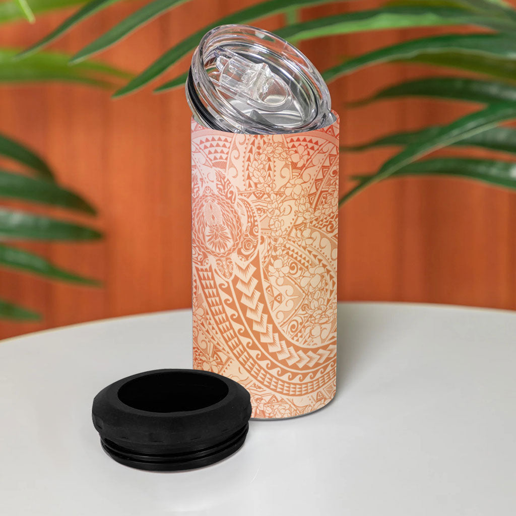 Hawaiian Turtles and Leis 4 in 1 Can Cooler Tumbler Tribal Kakau Pattern Peach Fuzz Color