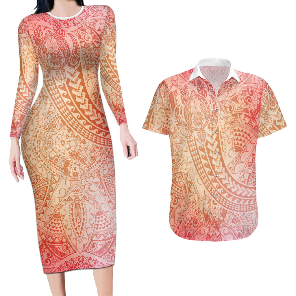 Hawaiian Turtles and Leis Couples Matching Long Sleeve Bodycon Dress and Hawaiian Shirt Tribal Kakau Pattern Peach Fuzz Color LT03 Peach Fuzz - Polynesian Pride