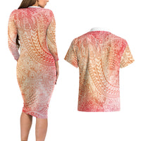Hawaiian Turtles and Leis Couples Matching Long Sleeve Bodycon Dress and Hawaiian Shirt Tribal Kakau Pattern Peach Fuzz Color