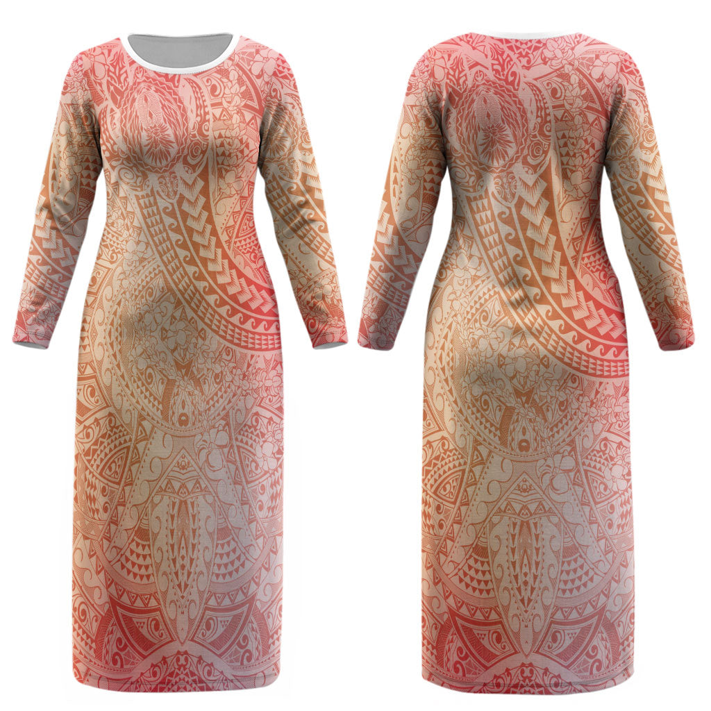 Hawaiian Turtles and Leis Couples Matching Long Sleeve Bodycon Dress and Hawaiian Shirt Tribal Kakau Pattern Peach Fuzz Color LT03 - Polynesian Pride
