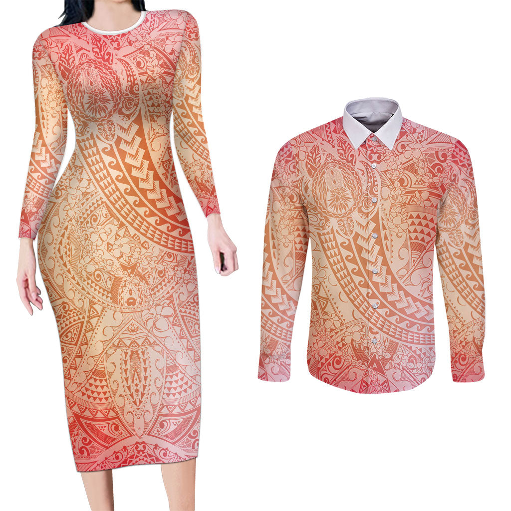 Hawaiian Turtles and Leis Couples Matching Long Sleeve Bodycon Dress and Long Sleeve Button Shirt Tribal Kakau Pattern Peach Fuzz Color LT03 Peach Fuzz - Polynesian Pride