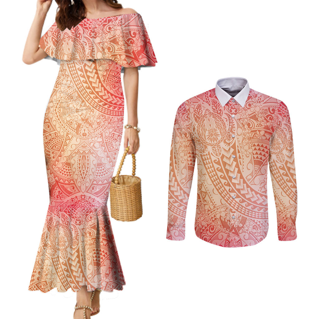 Hawaiian Turtles and Leis Couples Matching Mermaid Dress and Long Sleeve Button Shirt Tribal Kakau Pattern Peach Fuzz Color LT03 Peach Fuzz - Polynesian Pride