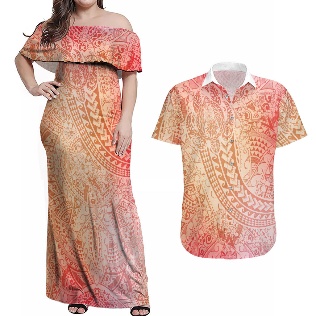 Hawaiian Turtles and Leis Couples Matching Off Shoulder Maxi Dress and Hawaiian Shirt Tribal Kakau Pattern Peach Fuzz Color