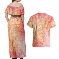 Hawaiian Turtles and Leis Couples Matching Off Shoulder Maxi Dress and Hawaiian Shirt Tribal Kakau Pattern Peach Fuzz Color