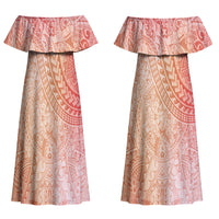 Hawaiian Turtles and Leis Couples Matching Off Shoulder Maxi Dress and Hawaiian Shirt Tribal Kakau Pattern Peach Fuzz Color LT03 - Polynesian Pride