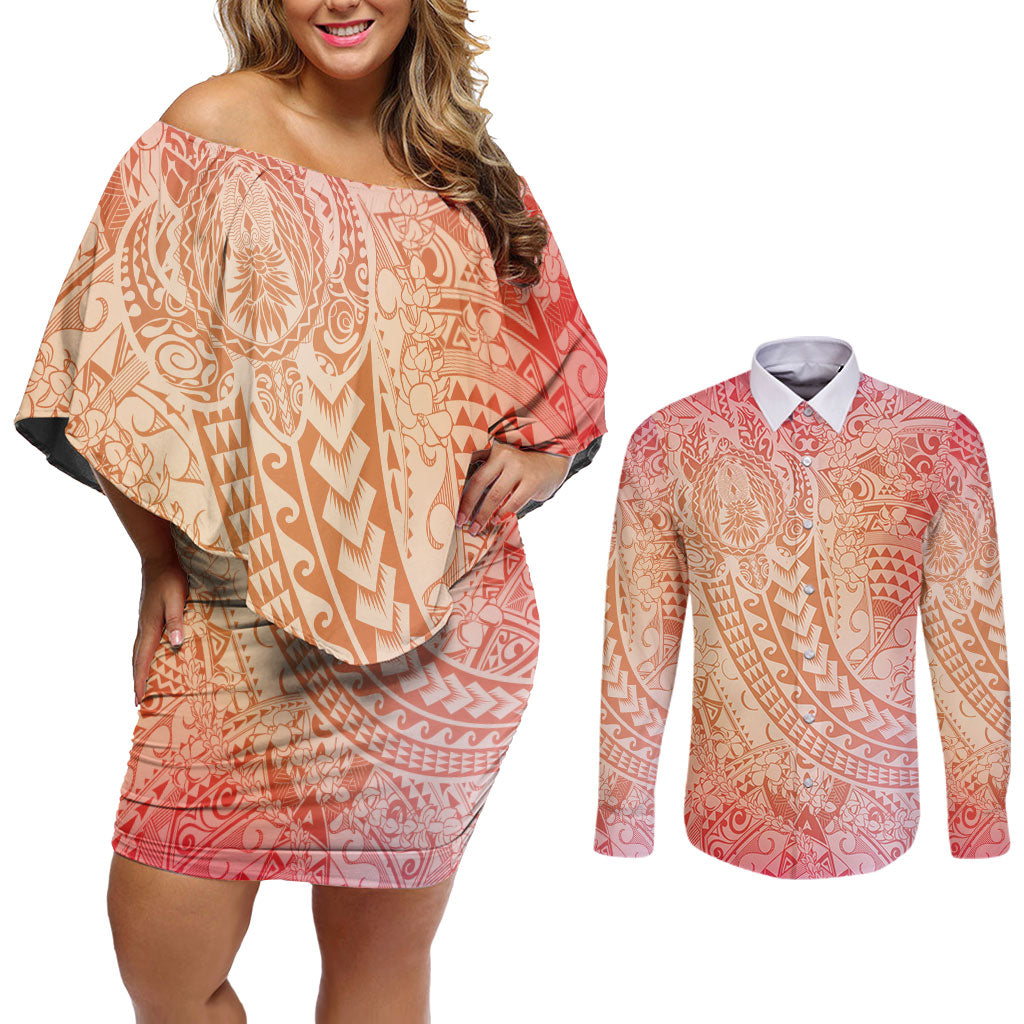 Hawaiian Turtles and Leis Couples Matching Off Shoulder Short Dress and Long Sleeve Button Shirt Tribal Kakau Pattern Peach Fuzz Color