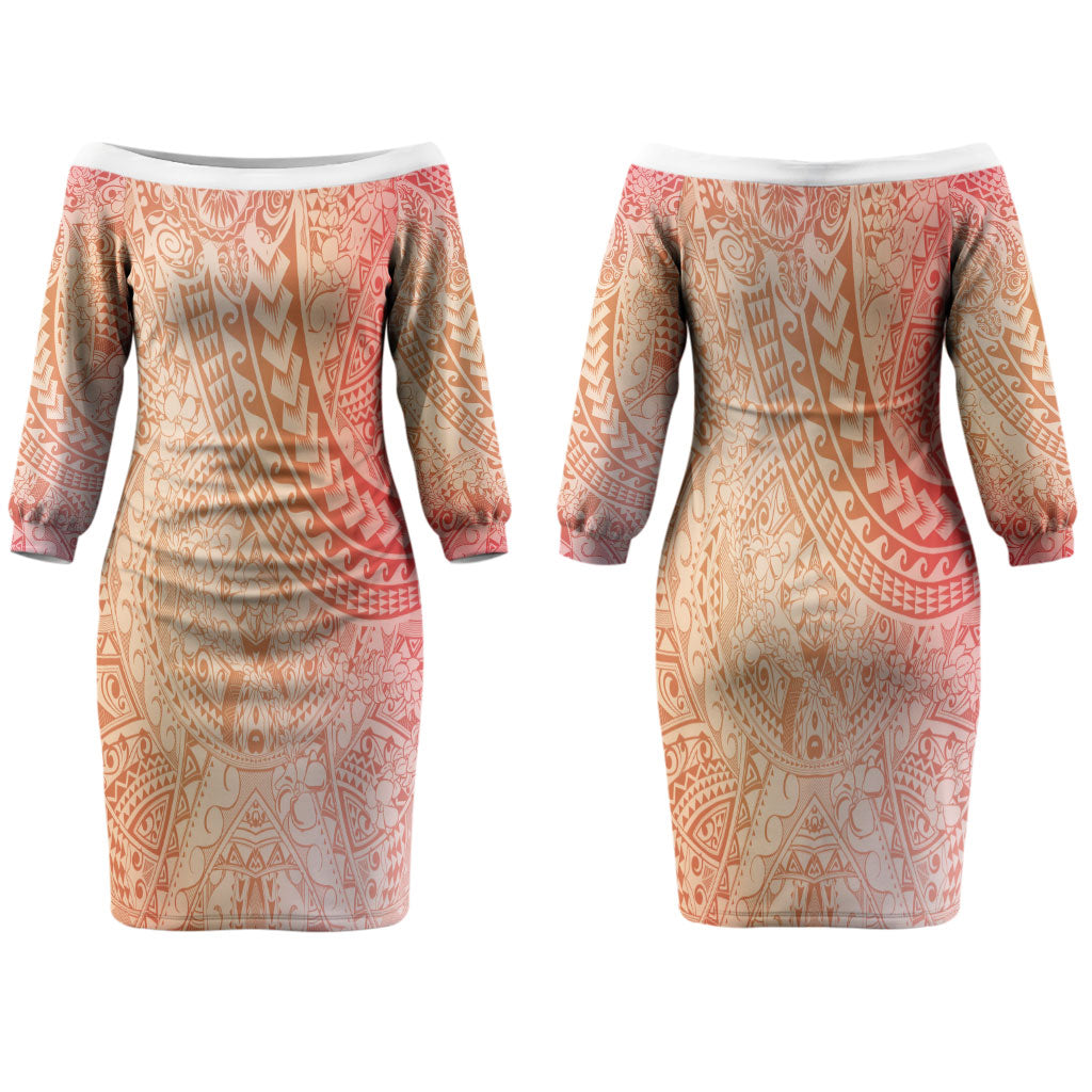 Hawaiian Turtles and Leis Couples Matching Off The Shoulder Long Sleeve Dress and Hawaiian Shirt Tribal Kakau Pattern Peach Fuzz Color LT03 - Polynesian Pride