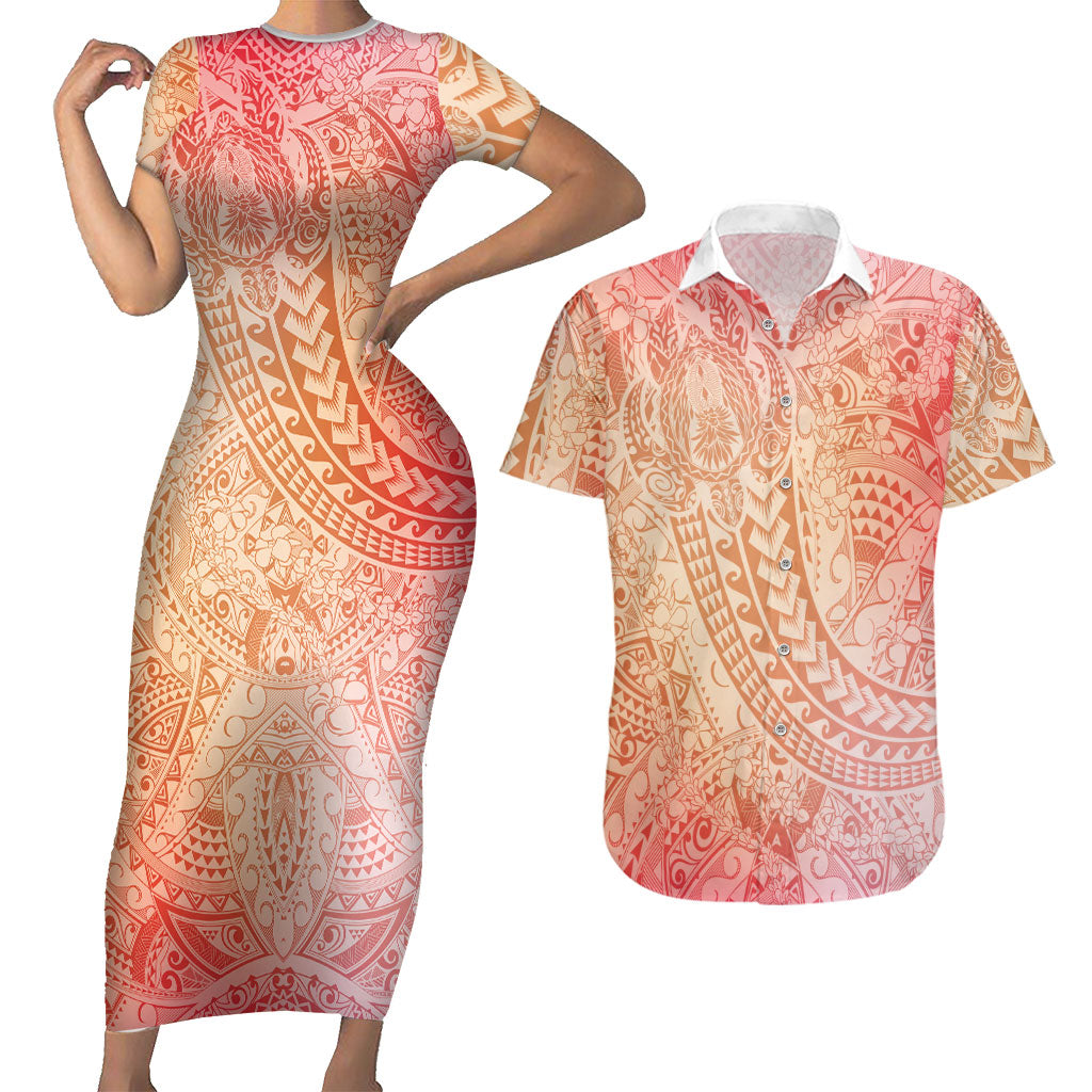 Hawaiian Turtles and Leis Couples Matching Short Sleeve Bodycon Dress and Hawaiian Shirt Tribal Kakau Pattern Peach Fuzz Color