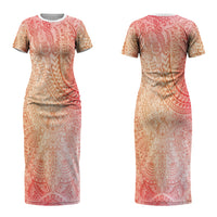 Hawaiian Turtles and Leis Couples Matching Short Sleeve Bodycon Dress and Hawaiian Shirt Tribal Kakau Pattern Peach Fuzz Color LT03 - Polynesian Pride
