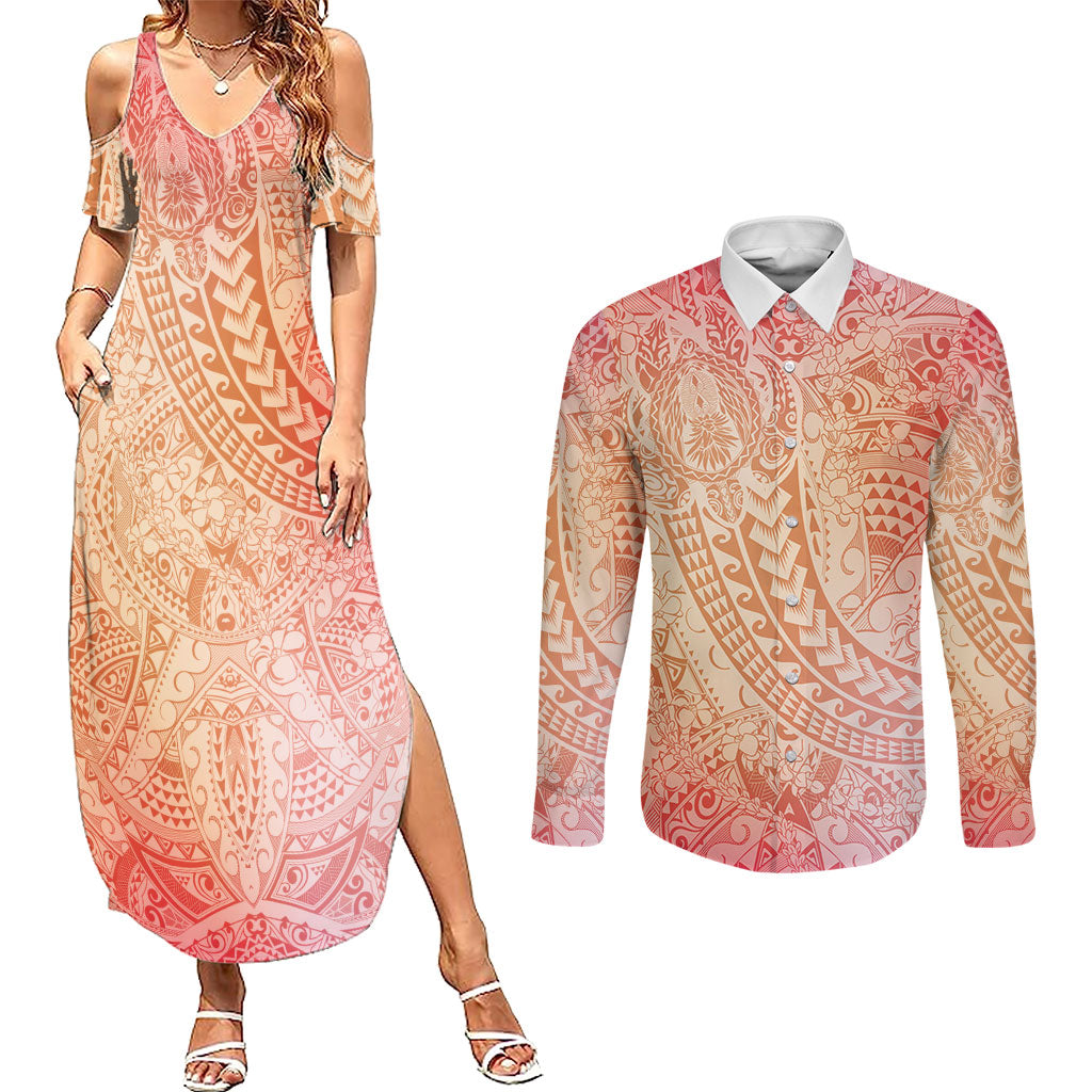 Hawaiian Turtles and Leis Couples Matching Summer Maxi Dress and Long Sleeve Button Shirt Tribal Kakau Pattern Peach Fuzz Color