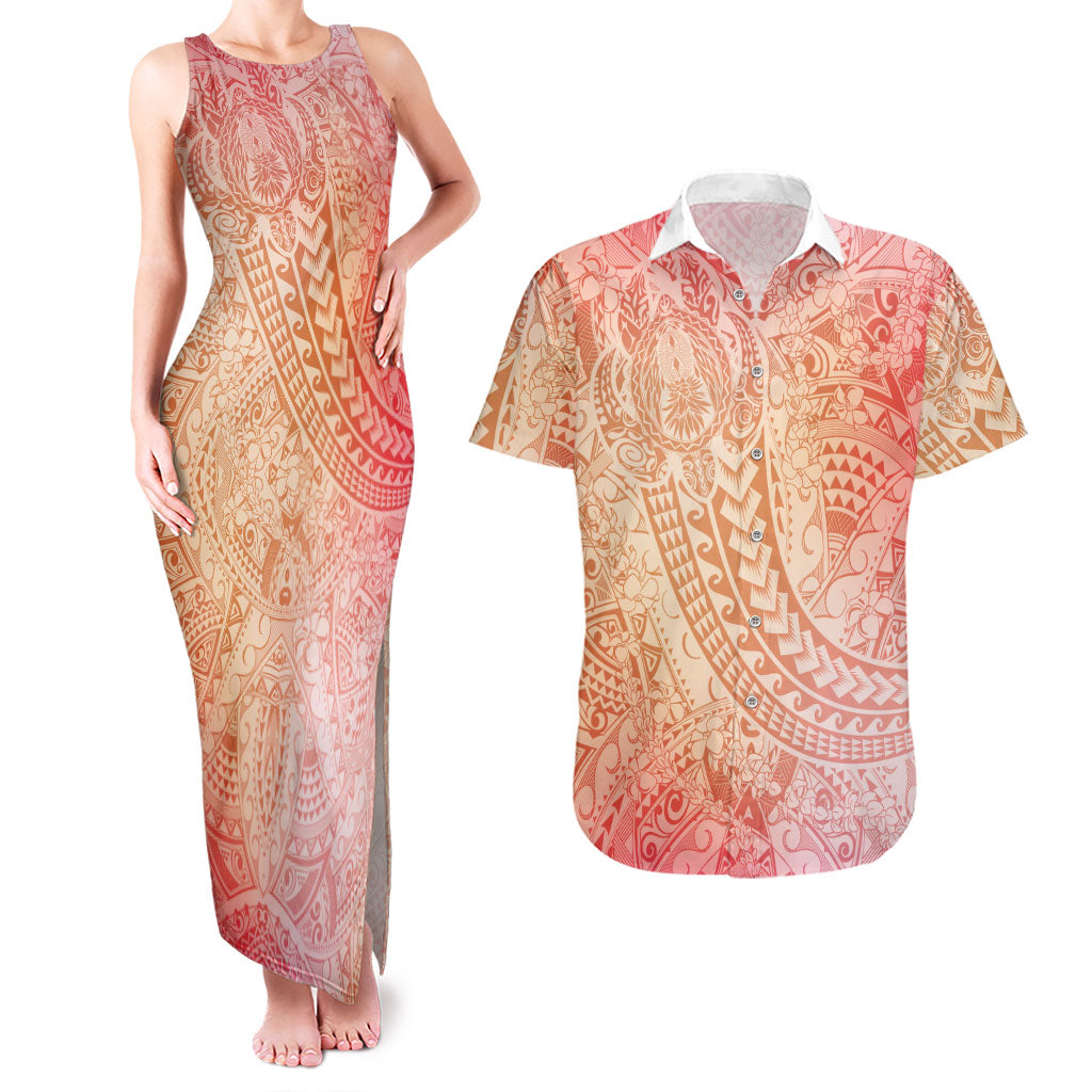 Hawaiian Turtles and Leis Couples Matching Tank Maxi Dress and Hawaiian Shirt Tribal Kakau Pattern Peach Fuzz Color LT03 Peach Fuzz - Polynesian Pride
