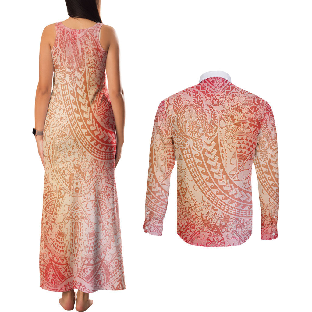 Hawaiian Turtles and Leis Couples Matching Tank Maxi Dress and Long Sleeve Button Shirt Tribal Kakau Pattern Peach Fuzz Color