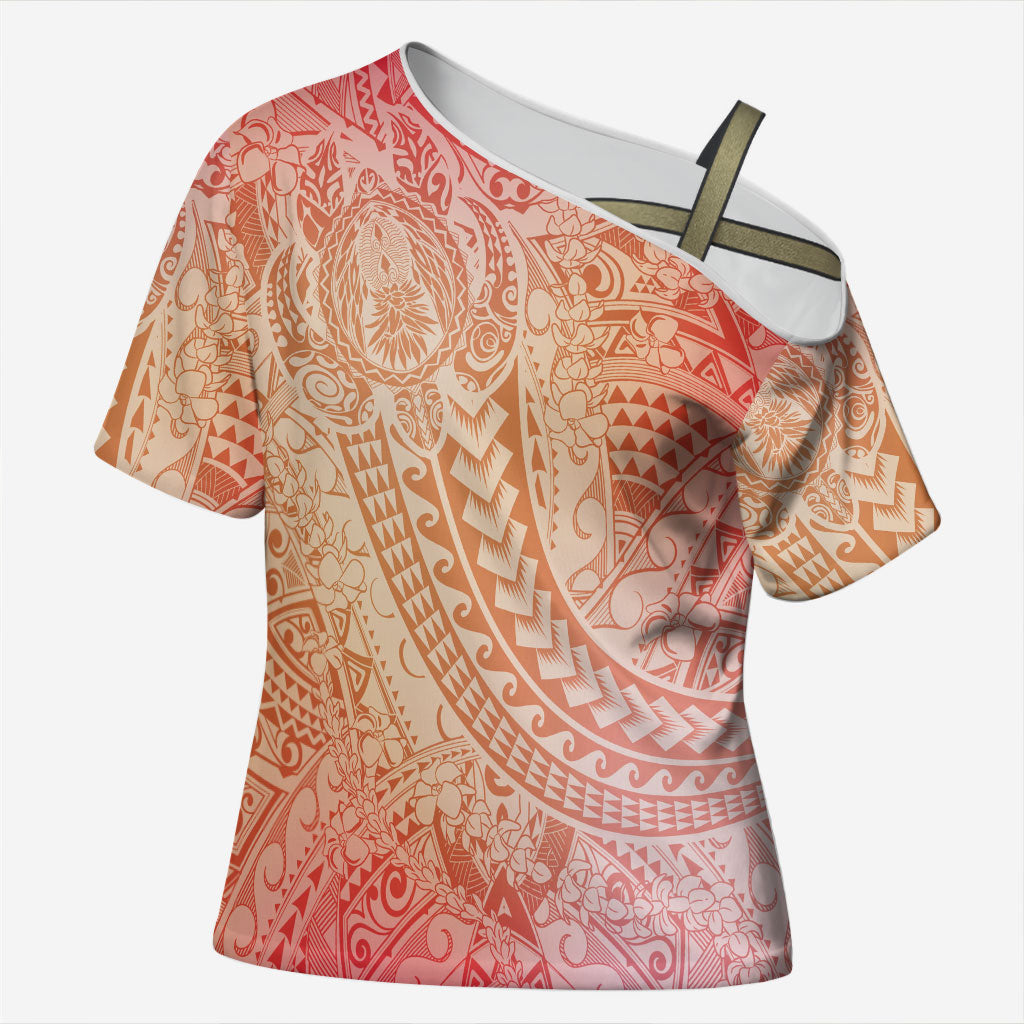 Hawaiian Turtles and Leis Cross Shoulder Shirt Tribal Kakau Pattern Peach Fuzz Color