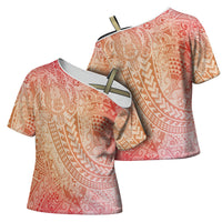 Hawaiian Turtles and Leis Cross Shoulder Shirt Tribal Kakau Pattern Peach Fuzz Color